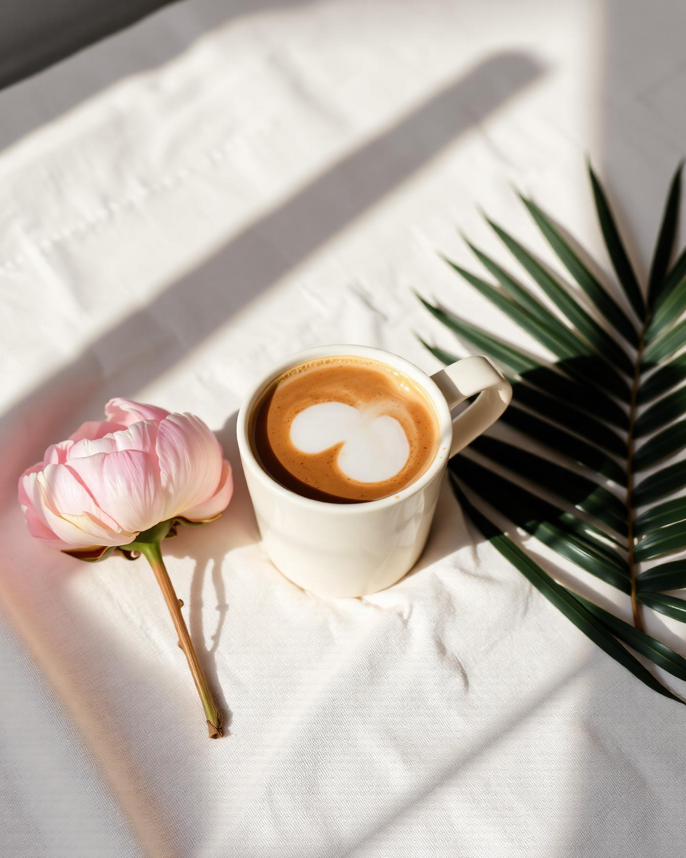 A cappuccino and pink peony in soft light