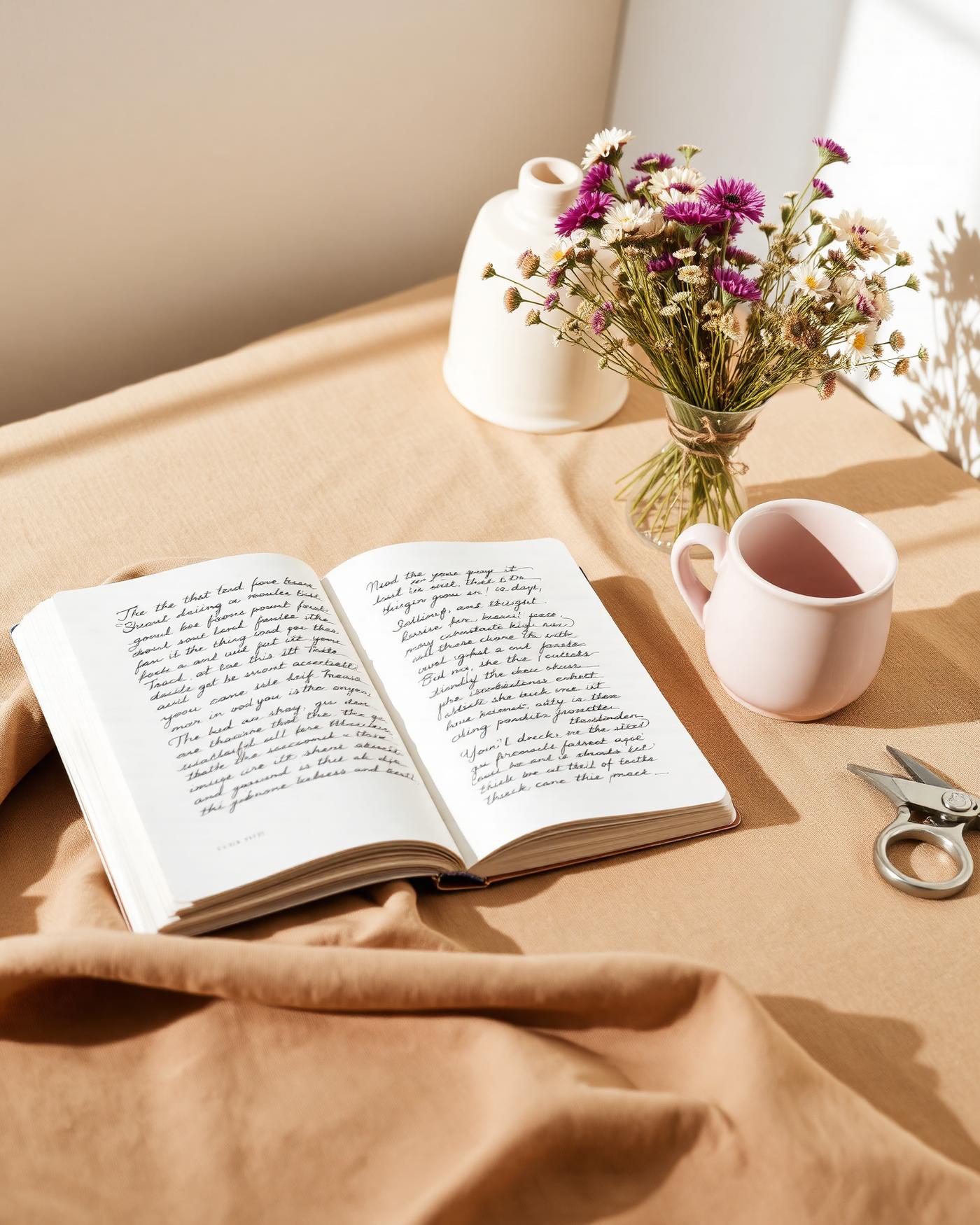 A warm desk scene with notebook and flowers