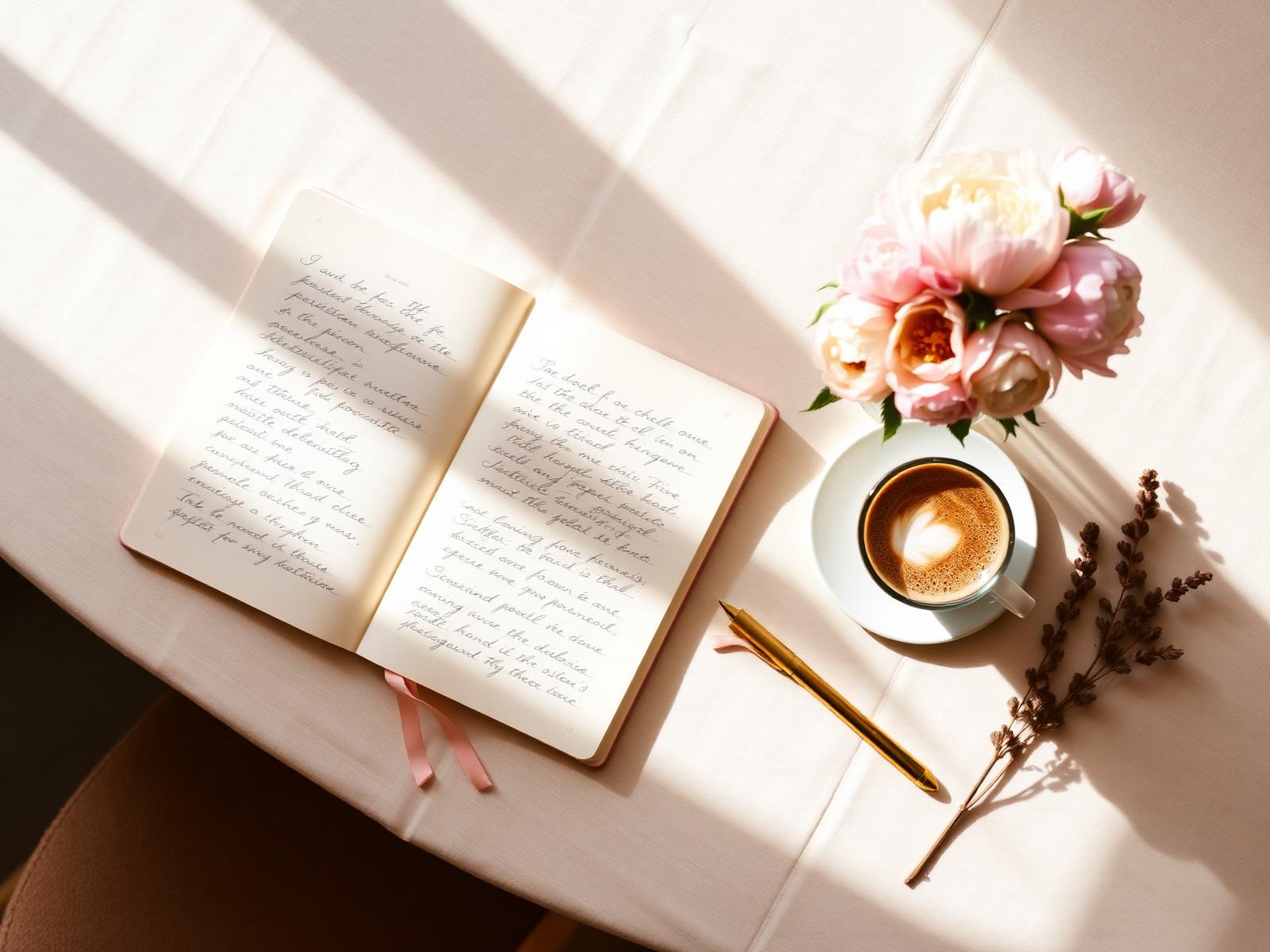 A handwritten journal, peonies and coffee in warm morning light